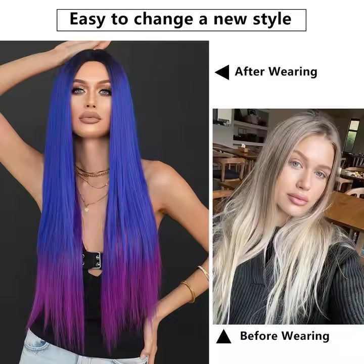 Purple Synthetic Wig 32 Inch Long Straight Center Parted Heat Resistant Fiber Wig